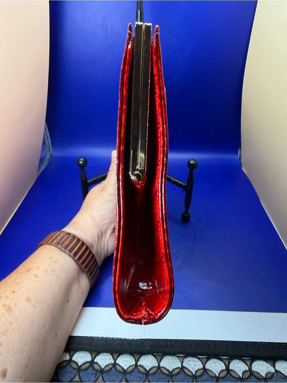Abas Red Croc-Embossed Leather Clutch with Gold Accent